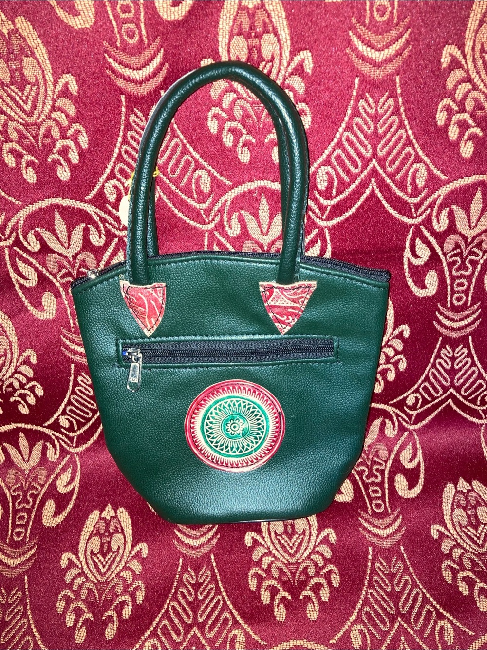 Green Women's Handbag with Decorative Medallion